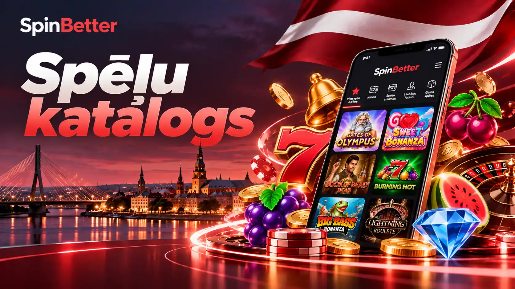 SpinBetter spēļu katalogs telefonā: slotu, kazino un tiešraides cilnes