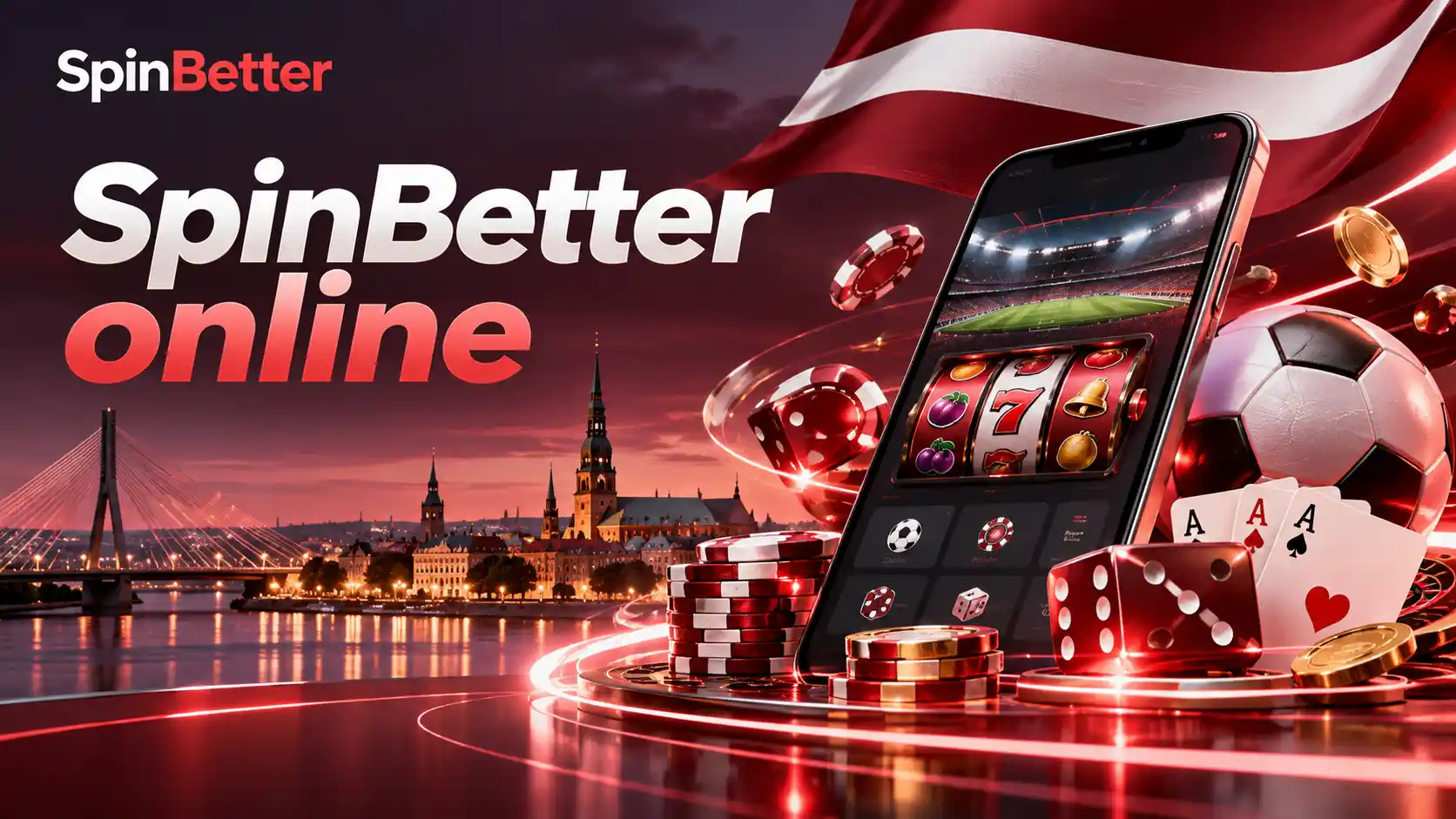 SpinBetter online zāle Rīgas vakara ainavā ar telefonu, slotu un derību ikonām