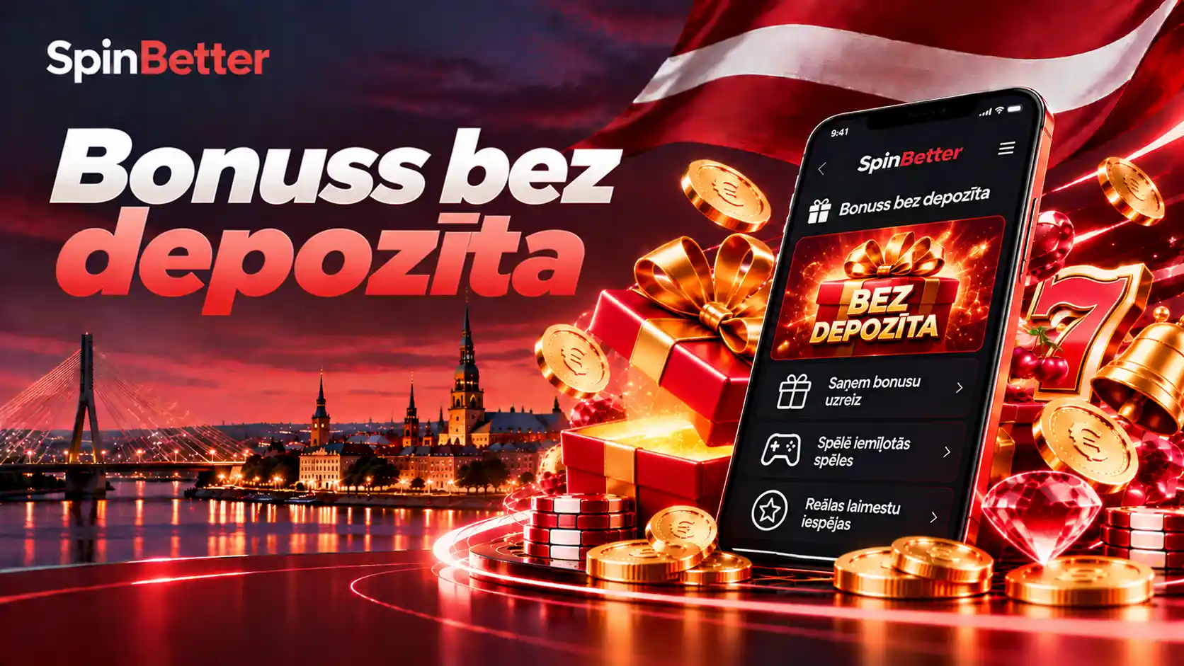 SpinBetter bonuss bez depozīta mobilajā ekrānā ar dāvanu kasti un monētām