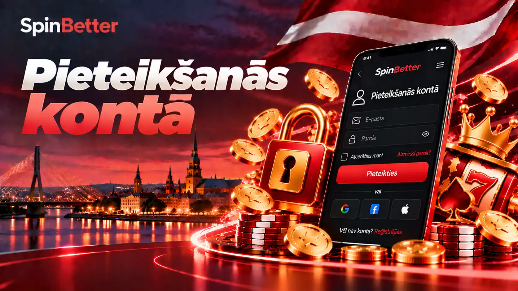 SpinBetter pieteikšanās forma telefonā: e-pasts, parole, Google, Facebook un Apple