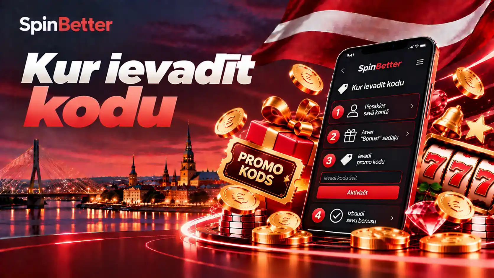 Soļi promo koda ievadīšanai SpinBetter lietotnē: pieteikšanās, bonusu sadaļa, kods, bonusa izvēle